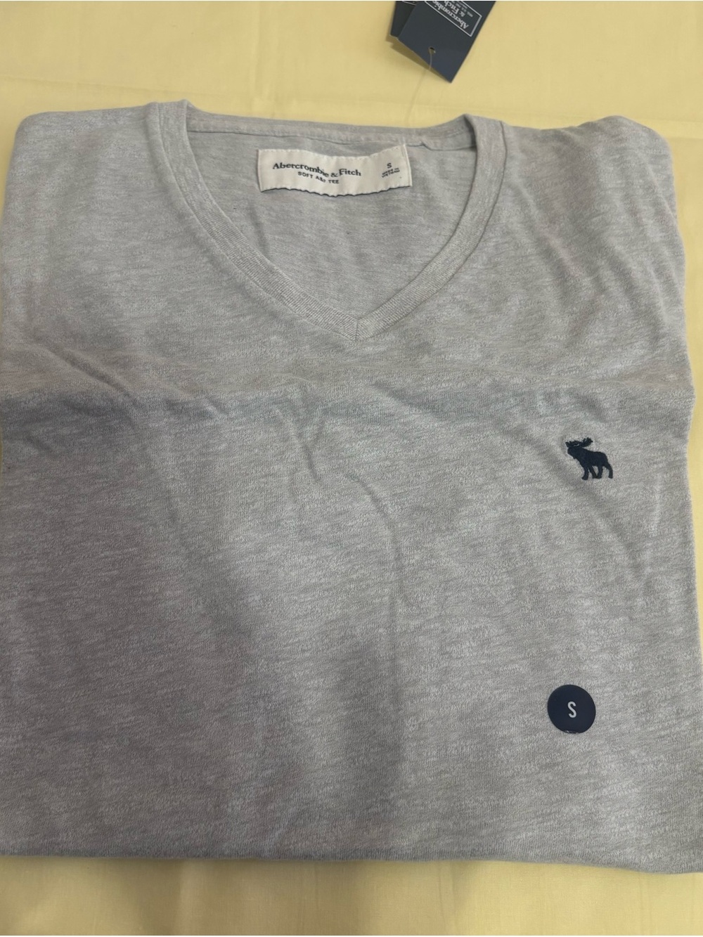 Abercrombie & Fitch Men’s Light Heather Gray V-Neck Tee with Navy Moose Logo